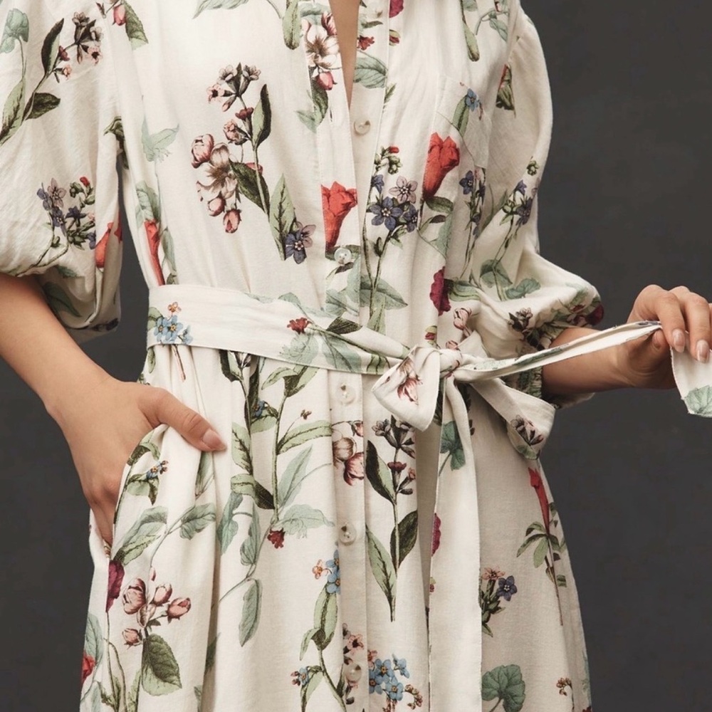Anthropologie Maeve Mona Linen Button-front Cream Floral Maxi - Picture 3 of 5